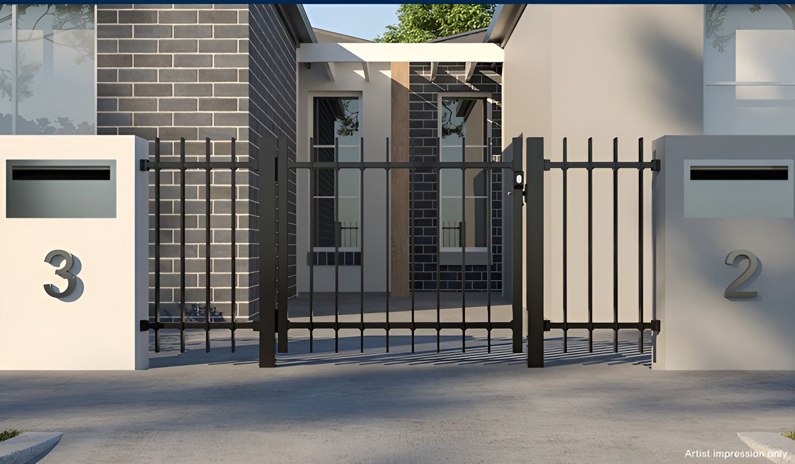 Two Townhouses, Black Metal Gate and Fence — Metal Fencing Supplies In Old Bar, NSW