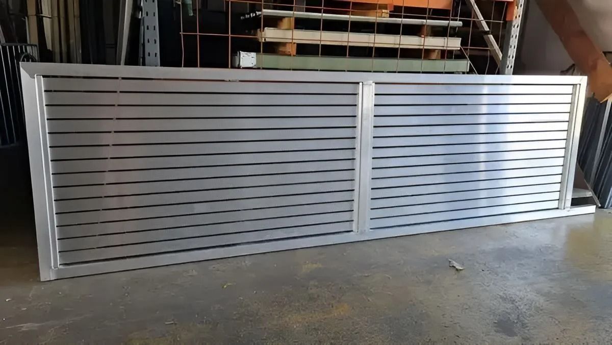 Silver Metal Gate With Horizontal Slats — Metal Fencing Supplies In Taree, NSW
