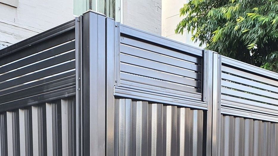 Dark Grey Metal Fence With Horizontal Slats — Metal Fencing Supplies In Taree, NSW