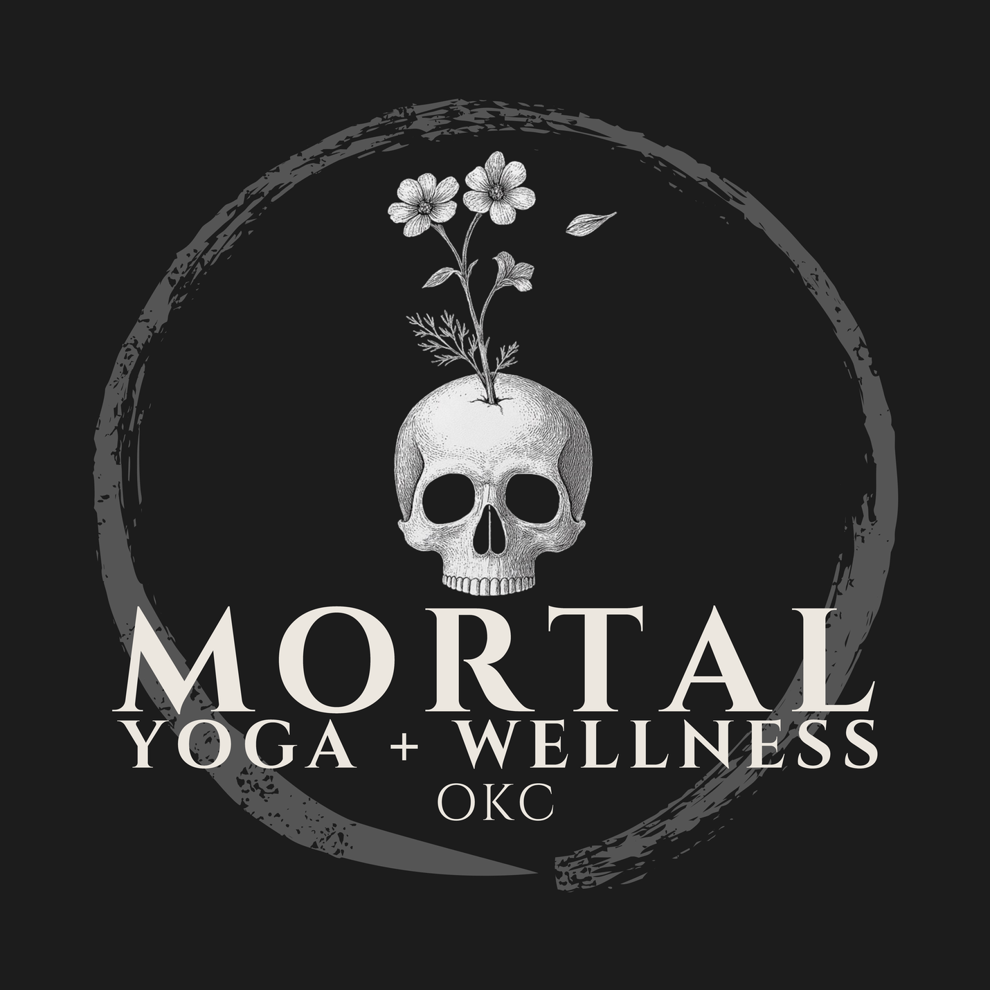 MORTAL YOGA + WELLNESS OKC logo with circle