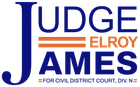 Logo for Judge James Elroy, blue and orange text on white, for Civil District Court.