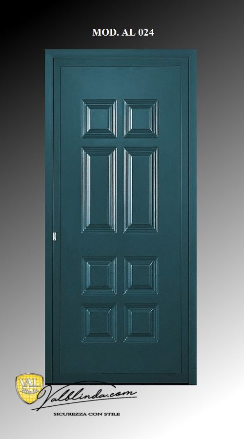 Porta esterna a sei pannelli color verde acqua scuro con pannelli in rilievo, mostrata su sfondo bianco.