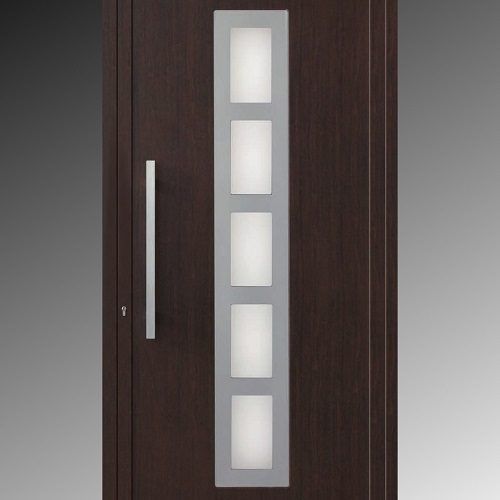 Porta d'ingresso moderna in legno scuro con pannelli verticali in vetro satinato e maniglia argentata.