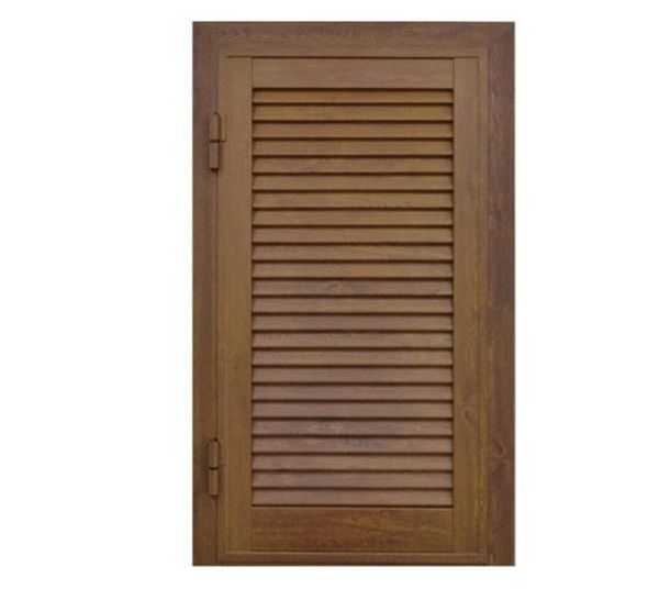 Porta a persiana in legno marrone con maniglia sul lato sinistro.
