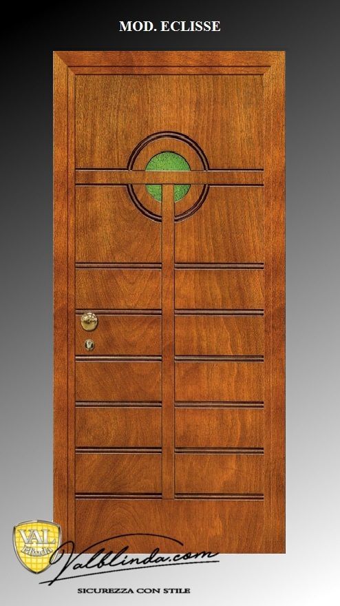 Porta in legno con finestra circolare verde e listelli orizzontali, mostrata come progetto di copertina.