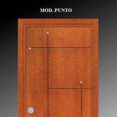 Porta in legno con moderni dettagli geometrici in metallo e la scritta