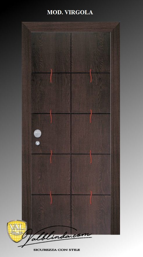 Porta in legno scuro con dettagli rossi, due maniglie argentate e un piccolo logo a forma di scudo nella parte inferiore.
