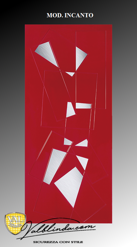 Poster astratto rosso con frammenti geometrici bianchi e la piccola scritta