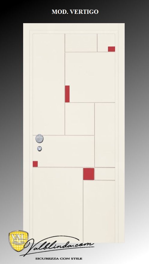 Poster astratto minimalista con pannelli geometrici color crema, piccoli quadrati rossi e la scritta “MOD. VERTIGO”.