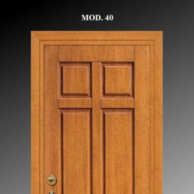 Porta d'ingresso in legno a sei pannelli con pomello in ottone e scritta