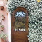 Porta ad arco in legno con pannello in vetro e ferro battuto incorniciato da fiori bianchi in fiore su una parete rosa