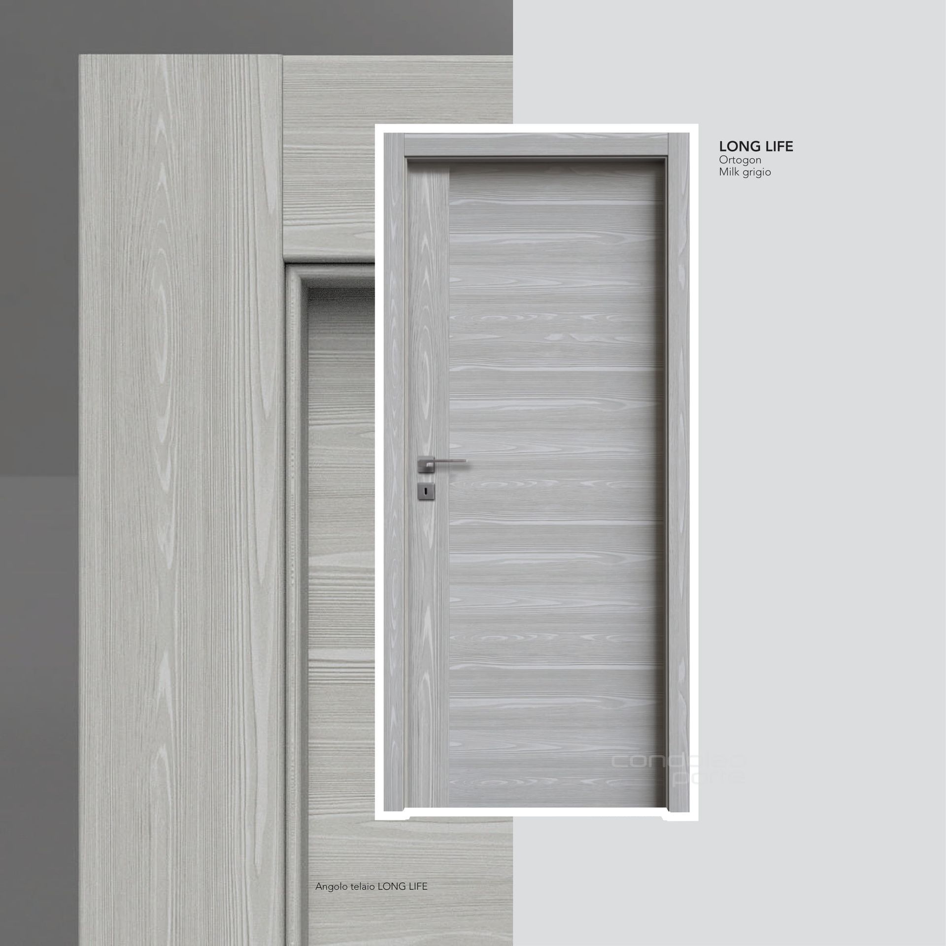 Porta moderna color grigio chiaro effetto legno, incastonata in una parete coordinata, come mostrato in un mockup di progetto.