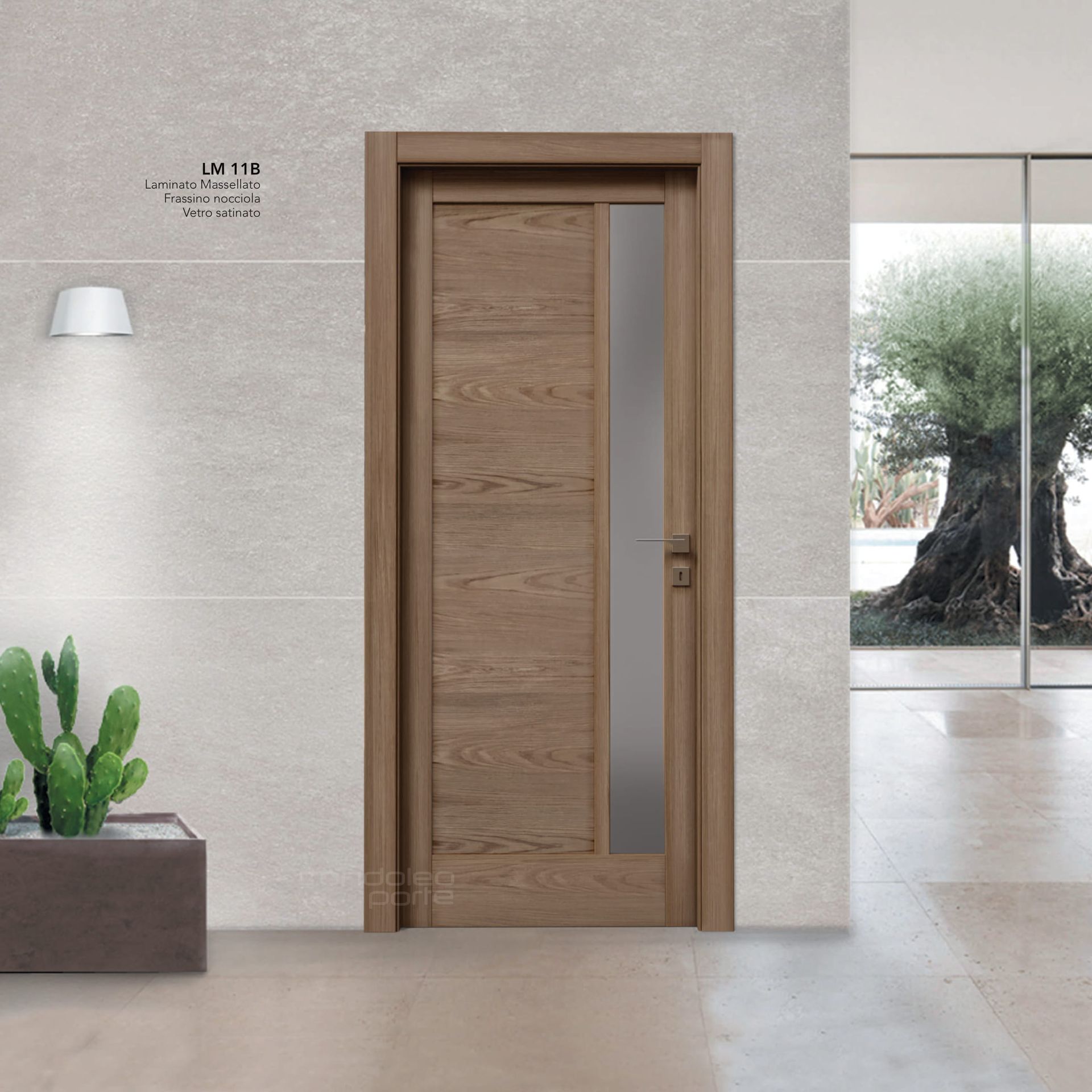 Porta d'ingresso in legno in un interno minimalista con un piccolo cactus in vaso e grandi finestre in vetro.