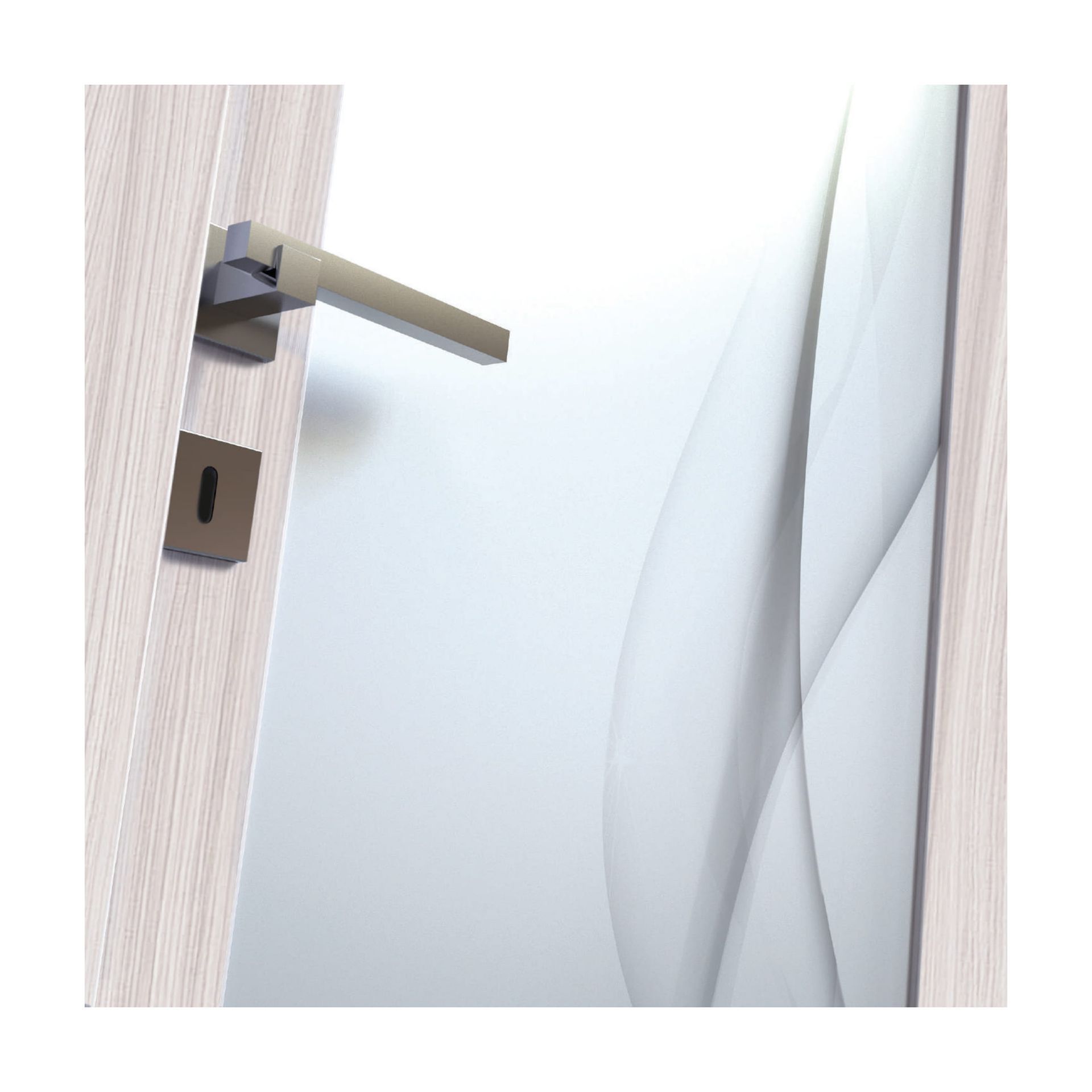 Porta moderna con maniglia argentata e pannelli in vetro satinato.