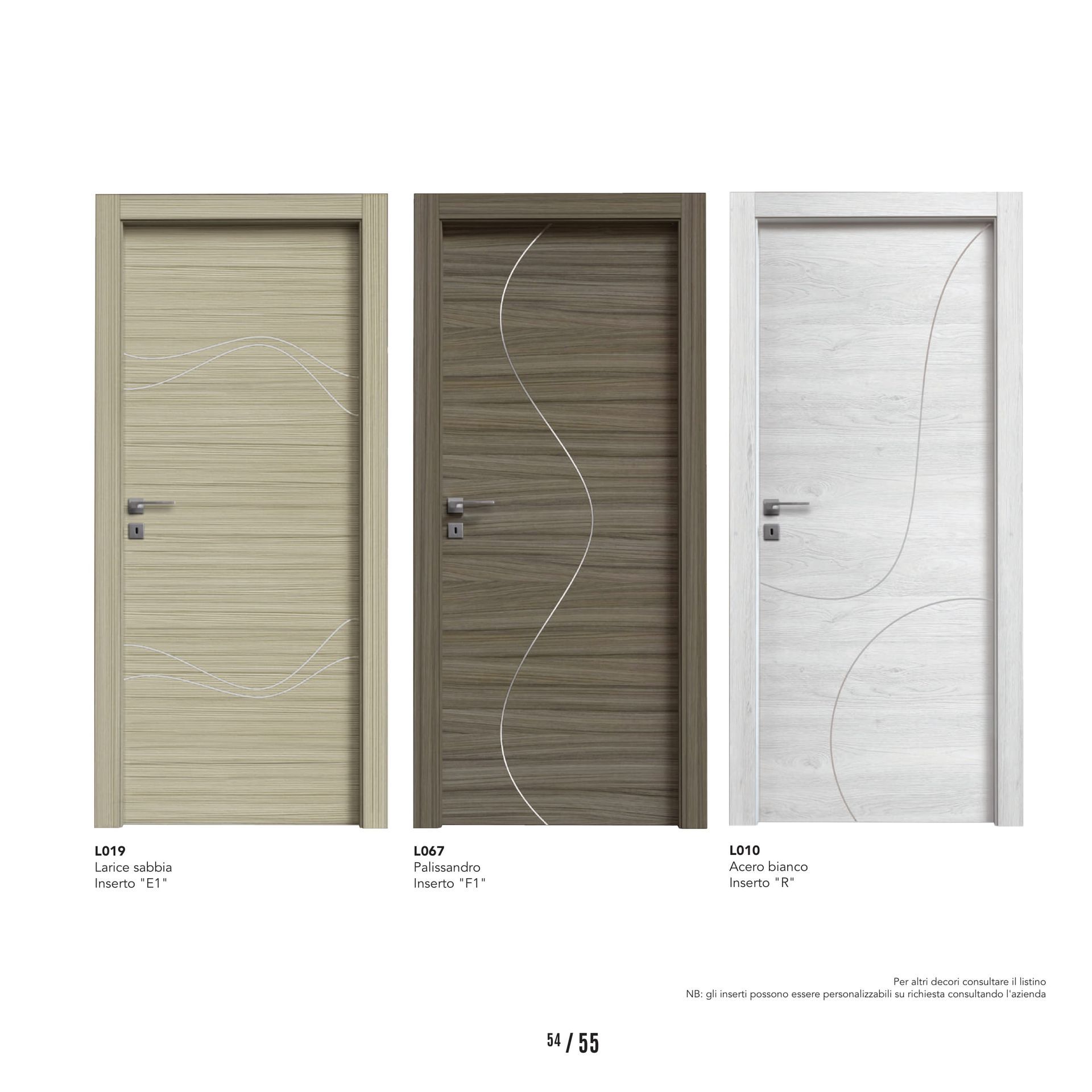 Tre porte interne moderne nei colori beige, legno scuro e bianco, con motivi a onde.