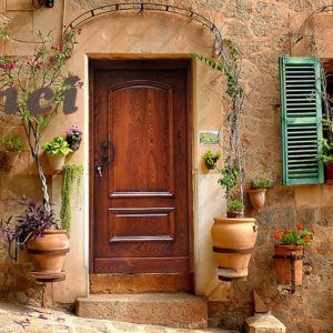 Porta rustica in legno incastonata in un muro di pietra, incorniciata da piante in vaso e persiane verdi.