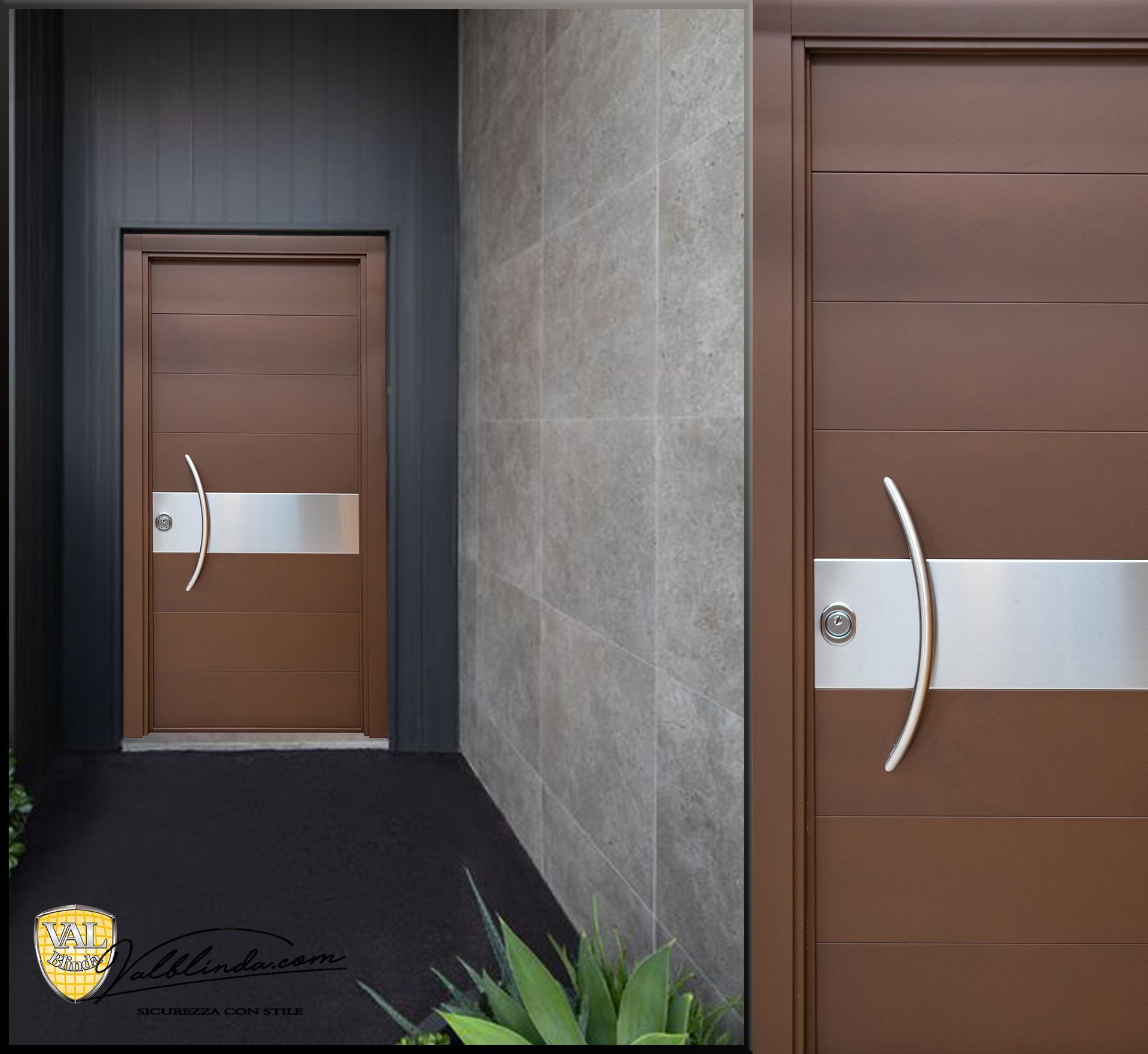 Porta d'ingresso moderna marrone con maniglia argentata e pannello in vetro satinato in un ingresso piastrellato.