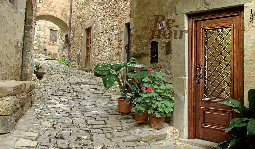 Stretto vicolo lastricato in pietra con edifici in pietra, porte di legno e vasi di fiori.