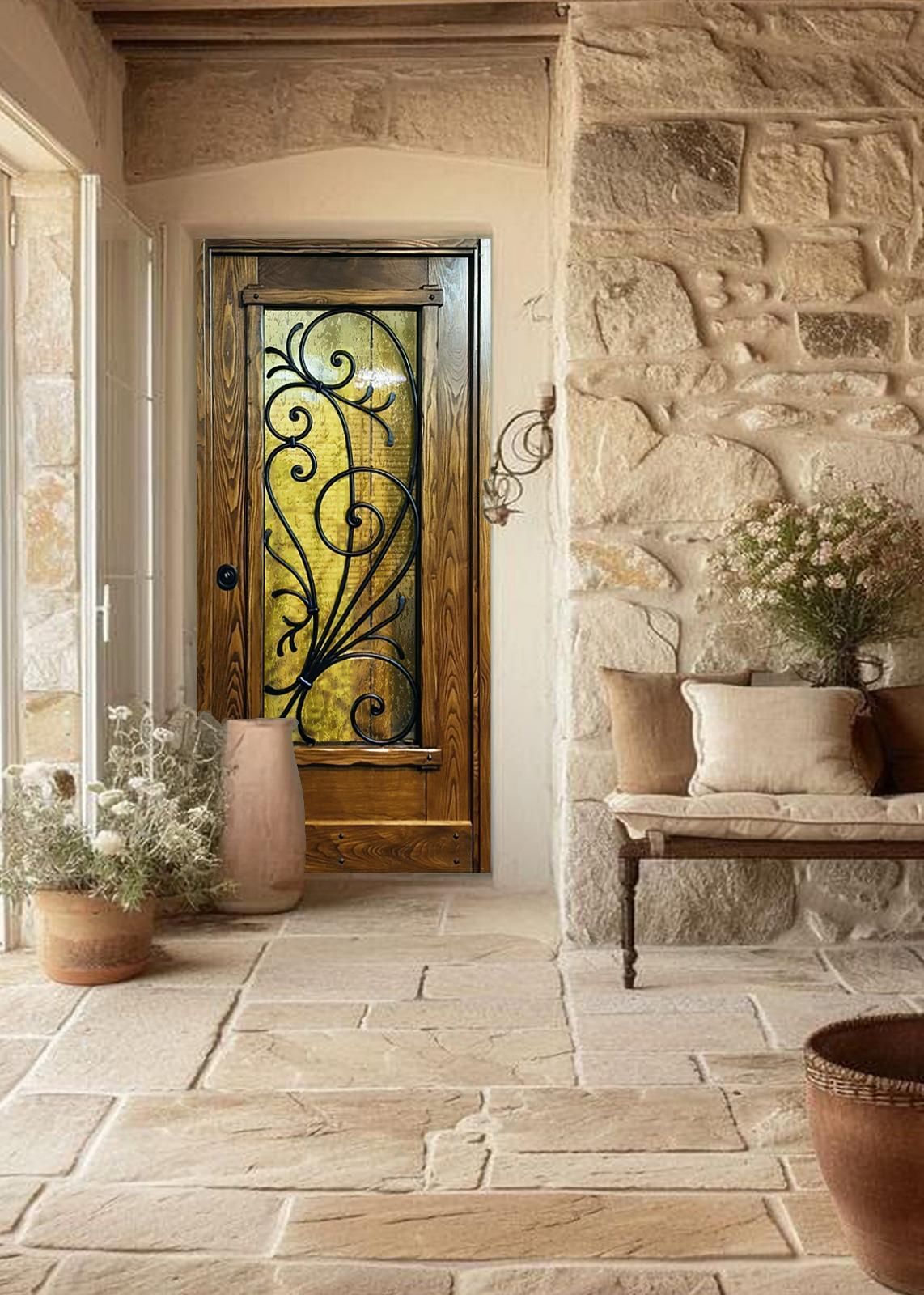 Ingresso rustico in pietra e mattoni con porta in legno scuro, vetri in ferro battuto e fioriere.