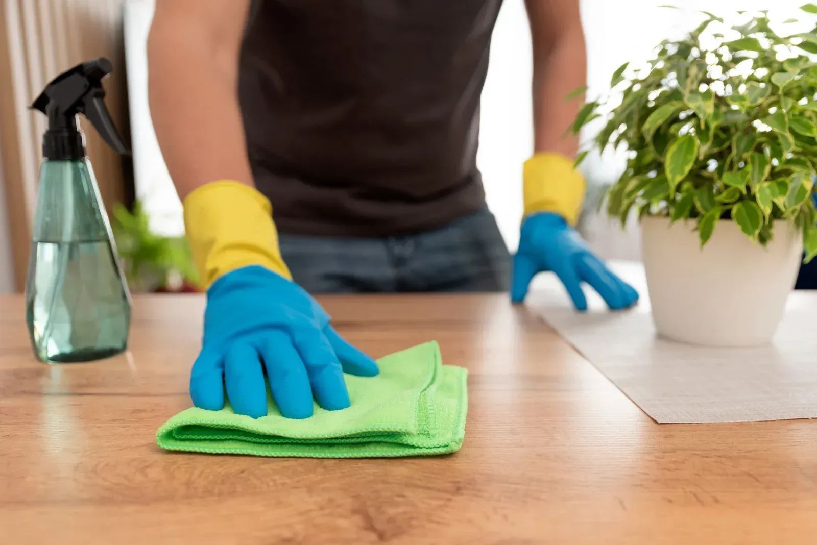 Person wiping a wooden table with a green cloth beside a spray bottle and potted plant