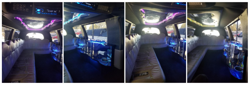 Three views of a neon-lit gaming room with PCs, glowing ceiling lights, and a long bench seating area.