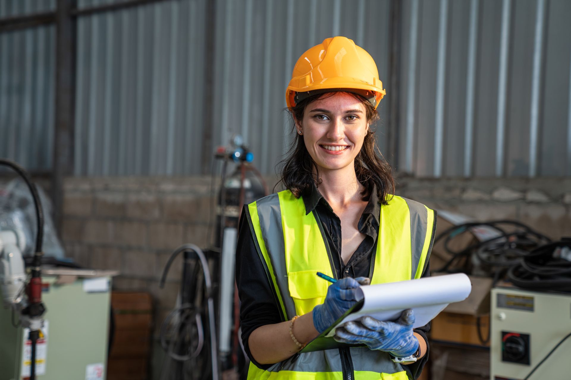 A woman wearing a hard hat and safety vest is holding a clipboard in a factory.