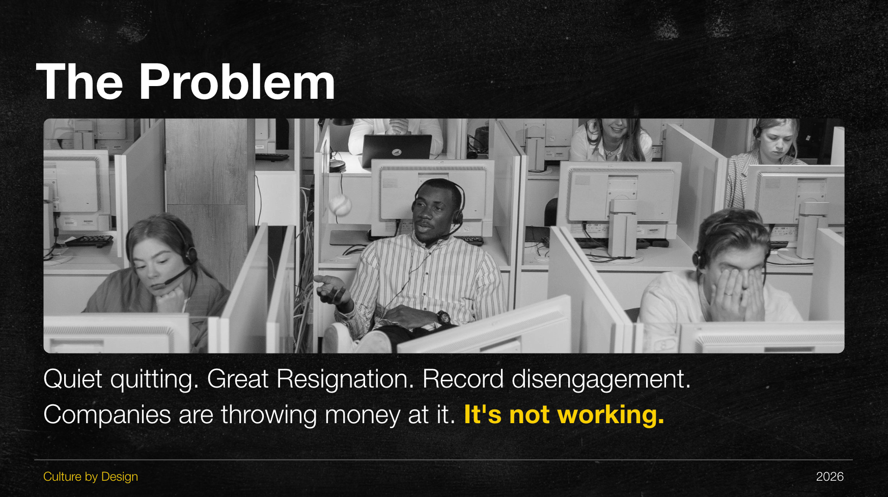 Three people at desks under “The Problem” heading, with text about quiet quitting and disengagement.