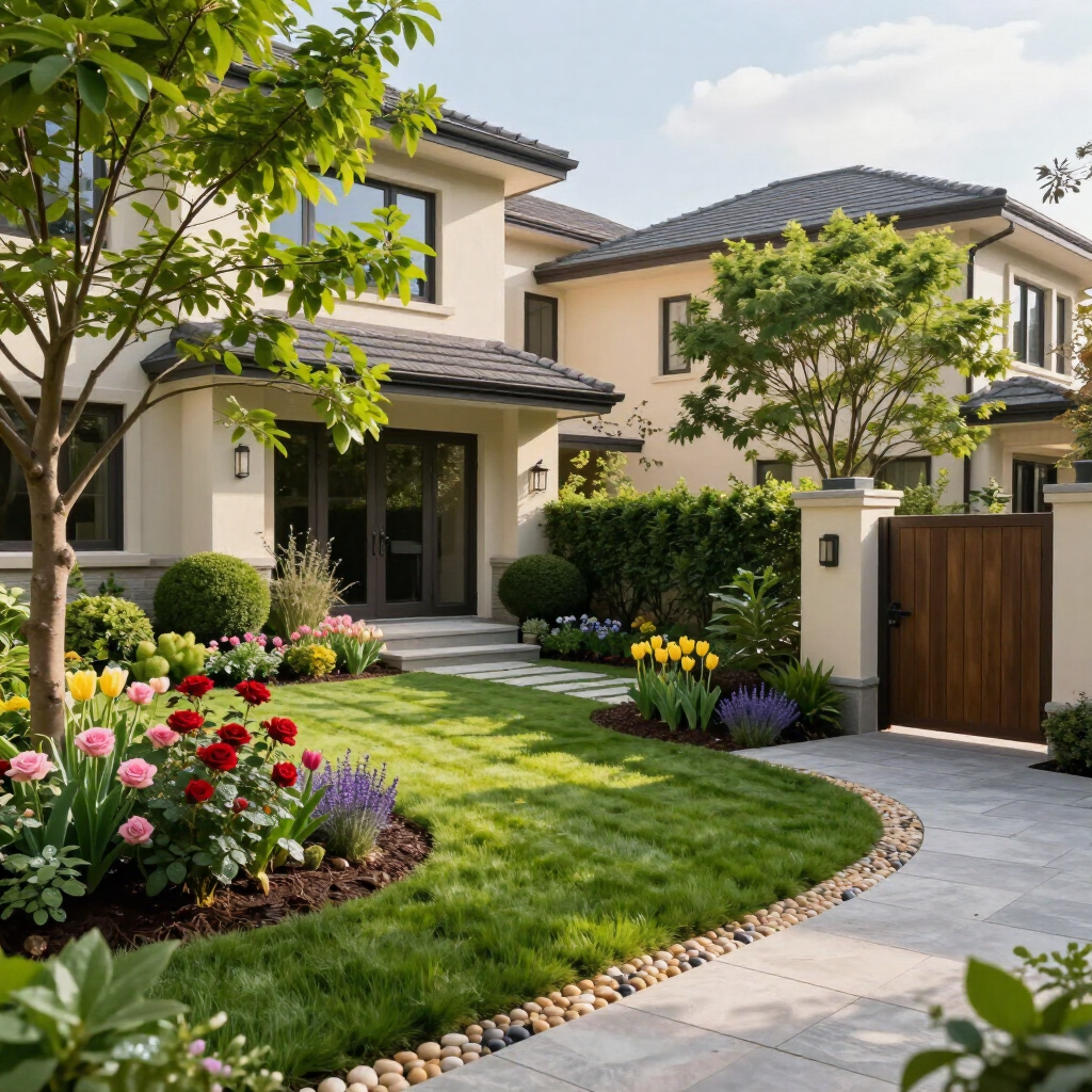 Landscaped suburban home with a flower garden, curved walkway, and wooden gate