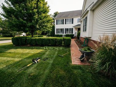 Suburban front yard with manicured hedges, a brick walkway, and a two-story white house.