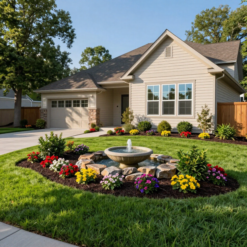 Suburban house with a landscaped front yard and a circular flowerbed fountain