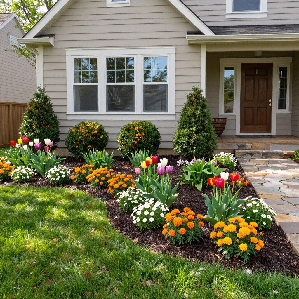Front yard flower bed with colorful tulips and marigolds beside a tan house entrance