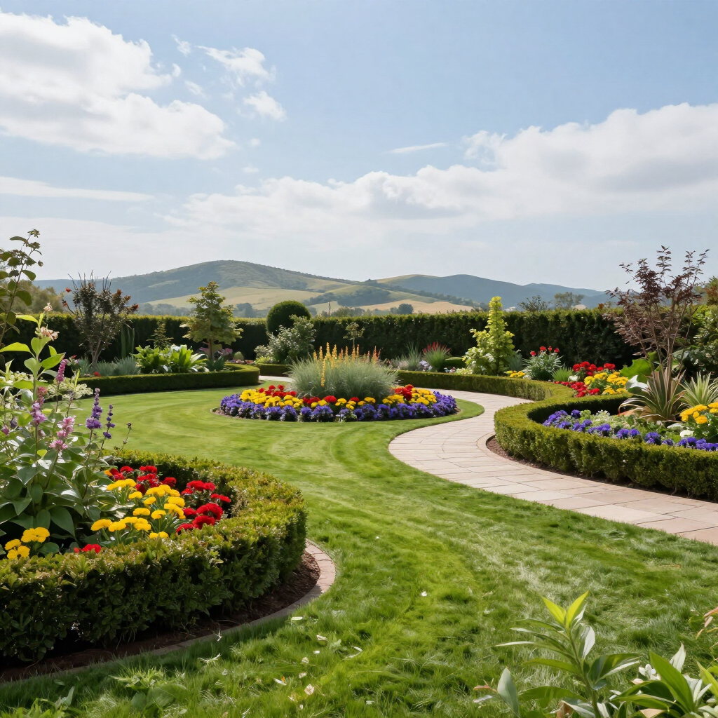 Curved garden path through colorful flower beds with green lawns and distant hills under a bright sky