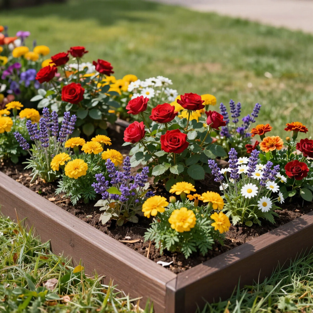 A raised garden bed filled with red, yellow, white, and purple flowers.