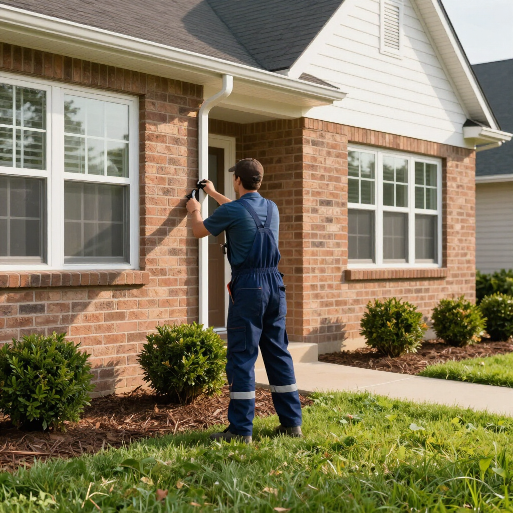 Technician using a drill to install an alarm camera on a brick house exterior