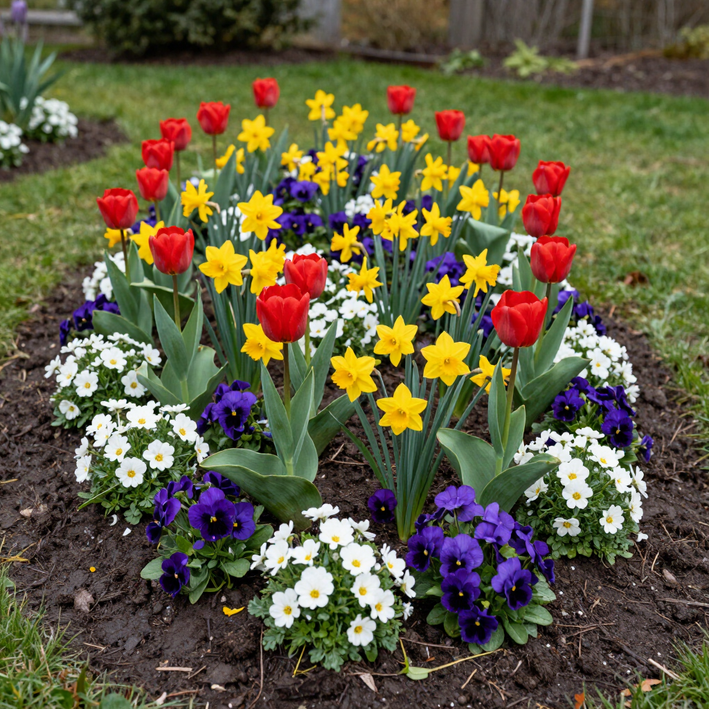 Circular flower bed with red tulips, yellow daffodils, purple pansies, and white blossoms