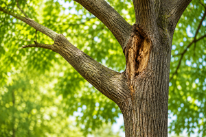 Close-up of a tree trunk with a forked branch and green leaves in sunlight