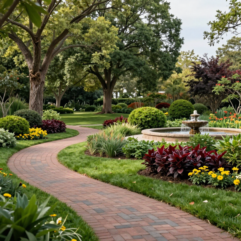 Curved brick path through a lush garden with flowers, trees, and a small fountain