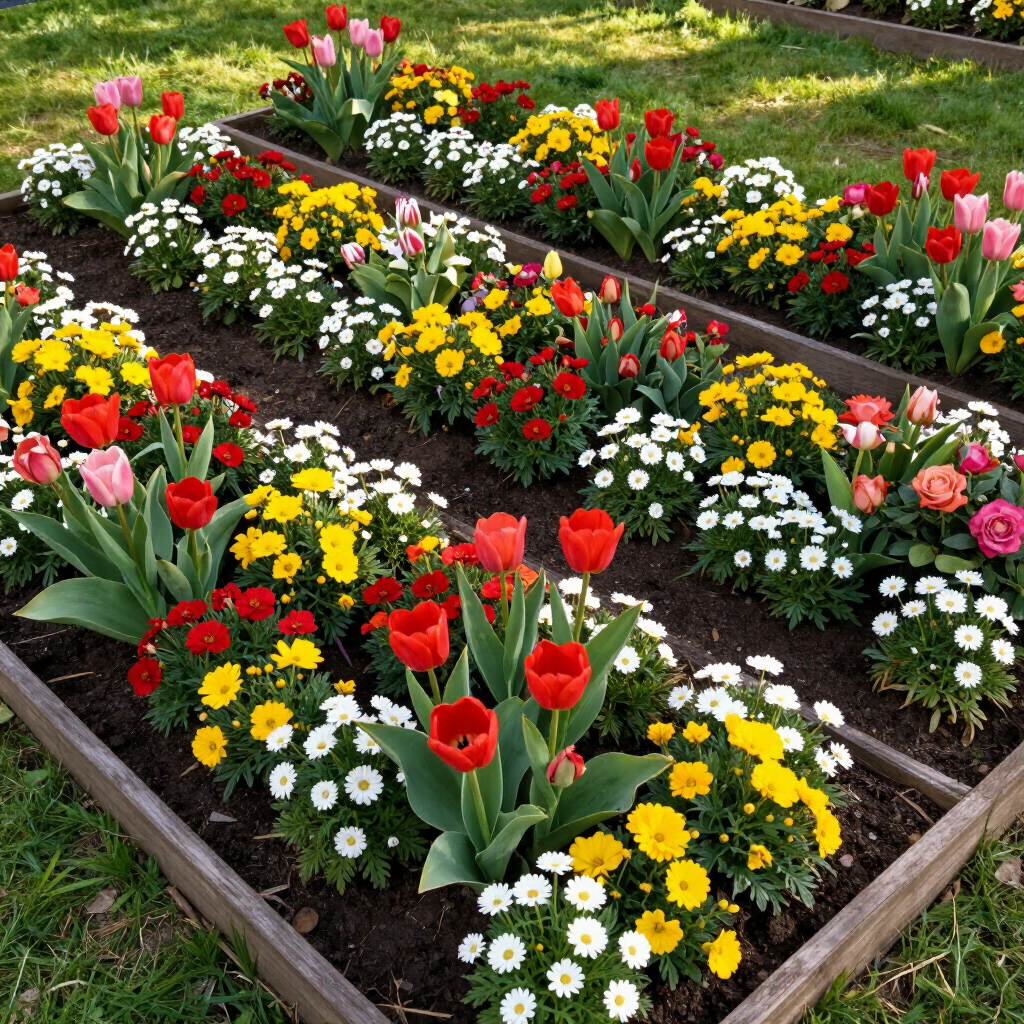 Colorful flower beds with red, yellow, pink, and white blooms arranged in neat rows