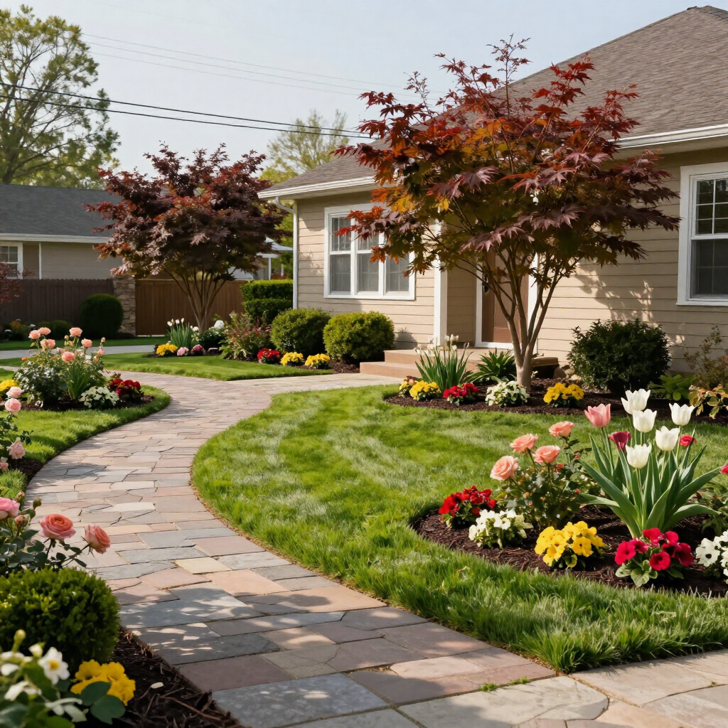 Curved stone walkway through a landscaped front yard with colorful flowers and red-leaf trees beside a house
