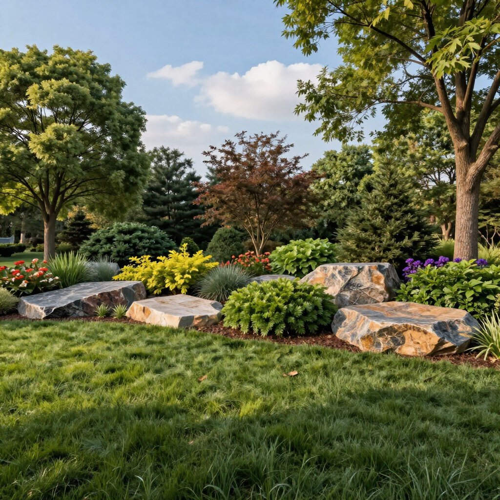 Landscaped garden with green lawn, rocks, flowering shrubs, and tall trees under a blue sky