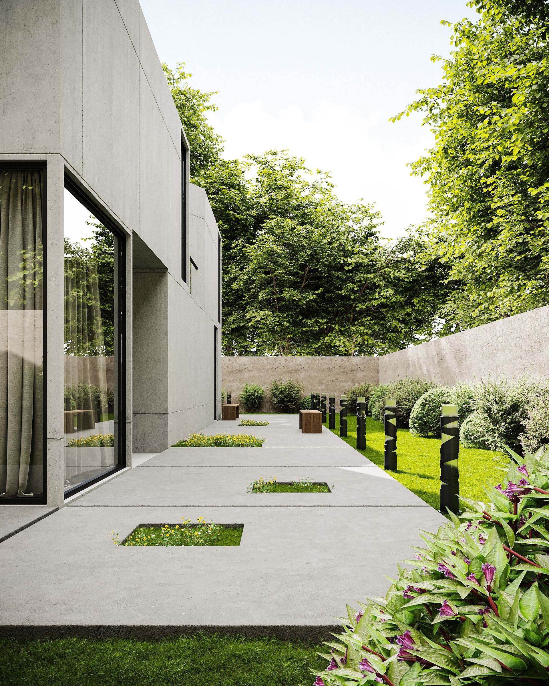 Modern courtyard garden beside a concrete building, with stepping stones, shrubs, and tall green trees.