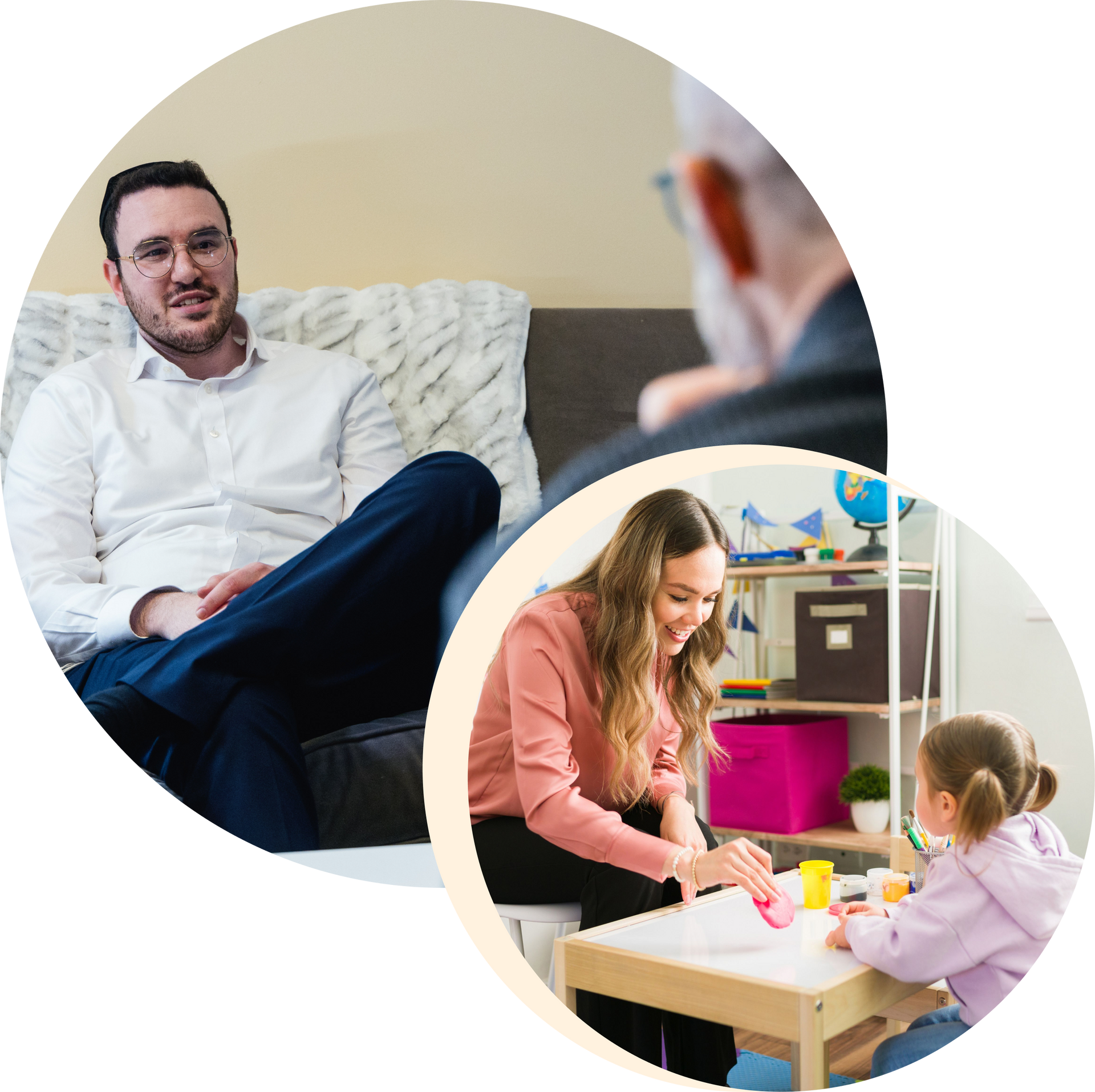 A man is sitting on a couch and a woman is sitting at a table with a child.