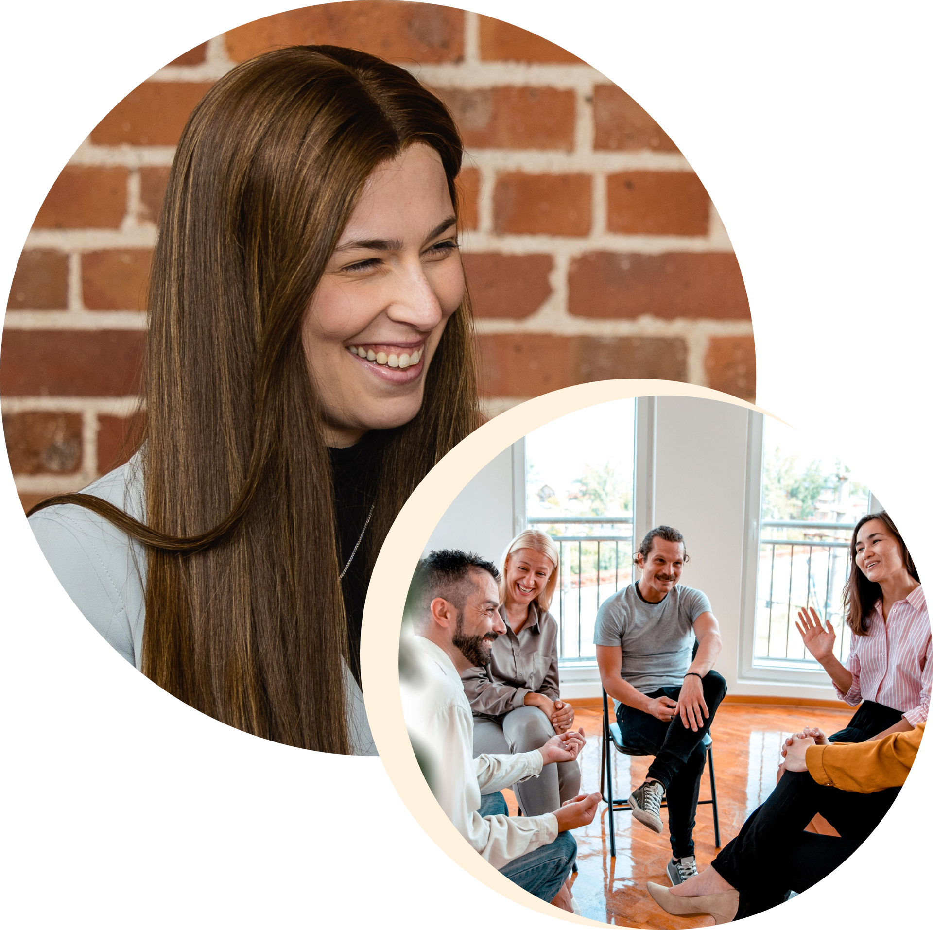 A woman is smiling next to a group of people sitting in a circle.