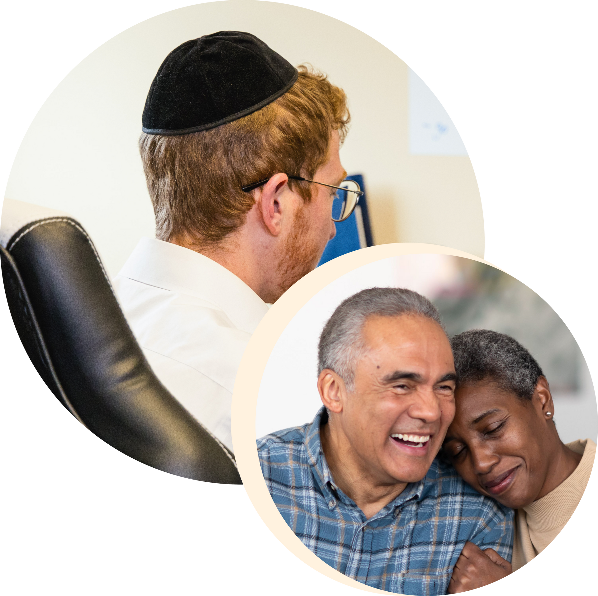 A man is sitting next to a woman hugging him.