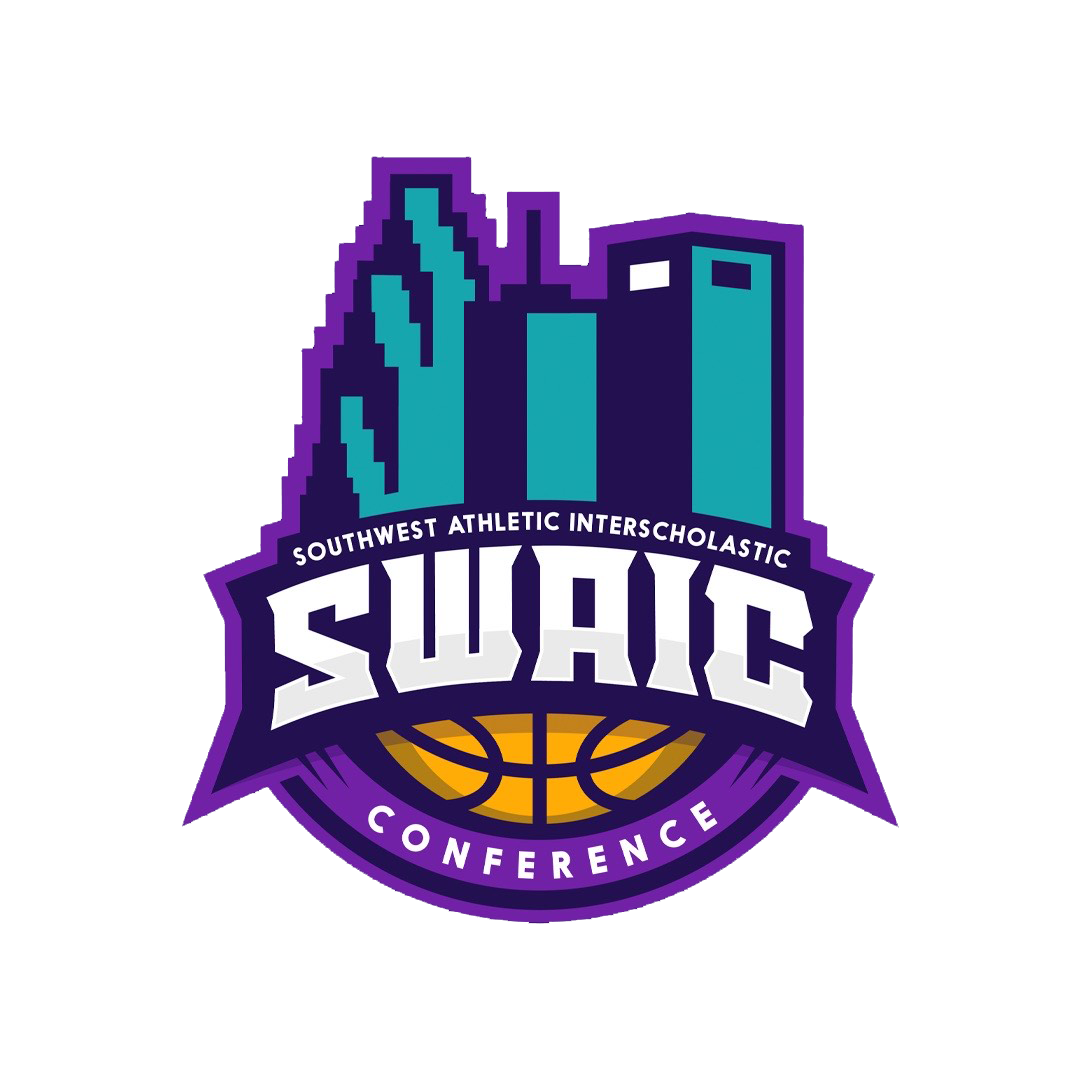 Logo for the Southwest Athletic Interscholastic Conference (SWAIC), featuring a purple shield, basketball, and stylized city skyline.