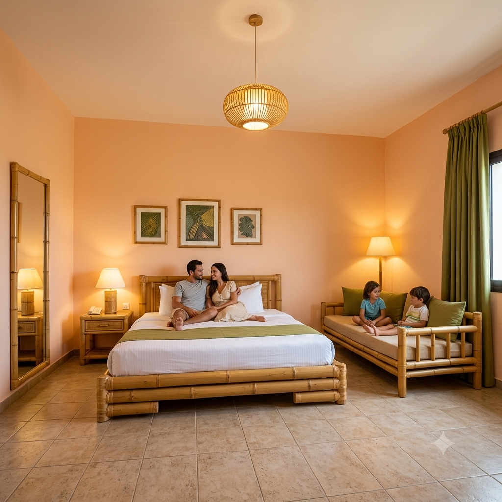Camera da letto ordinata con due letti singoli, pareti beige, pavimento piastrellato e una finestra con tende blu.