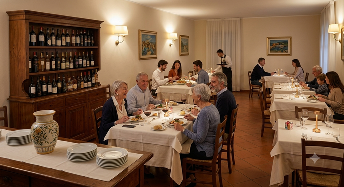Sala da pranzo del ristorante con scaffali in legno al bancone, tovaglie bianche e luci calde sul soffitto.