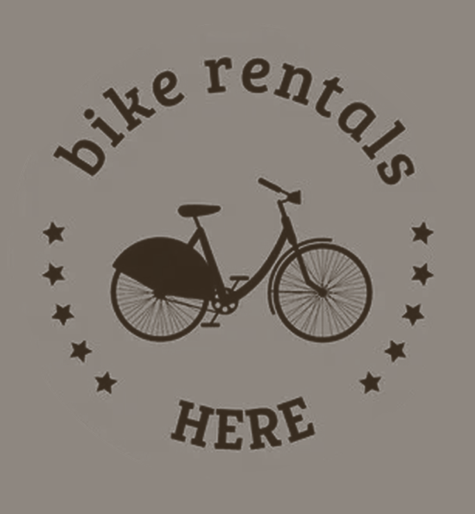 Cartello per il noleggio di biciclette con l'illustrazione di una bicicletta e delle stelle su sfondo grigio.
