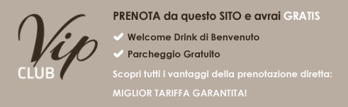 Banner promozionale VIP Club: sfondo beige, logo nero, testo in italiano per colazione gratuita, parcheggio e tariffa per prenotazioni dirette.