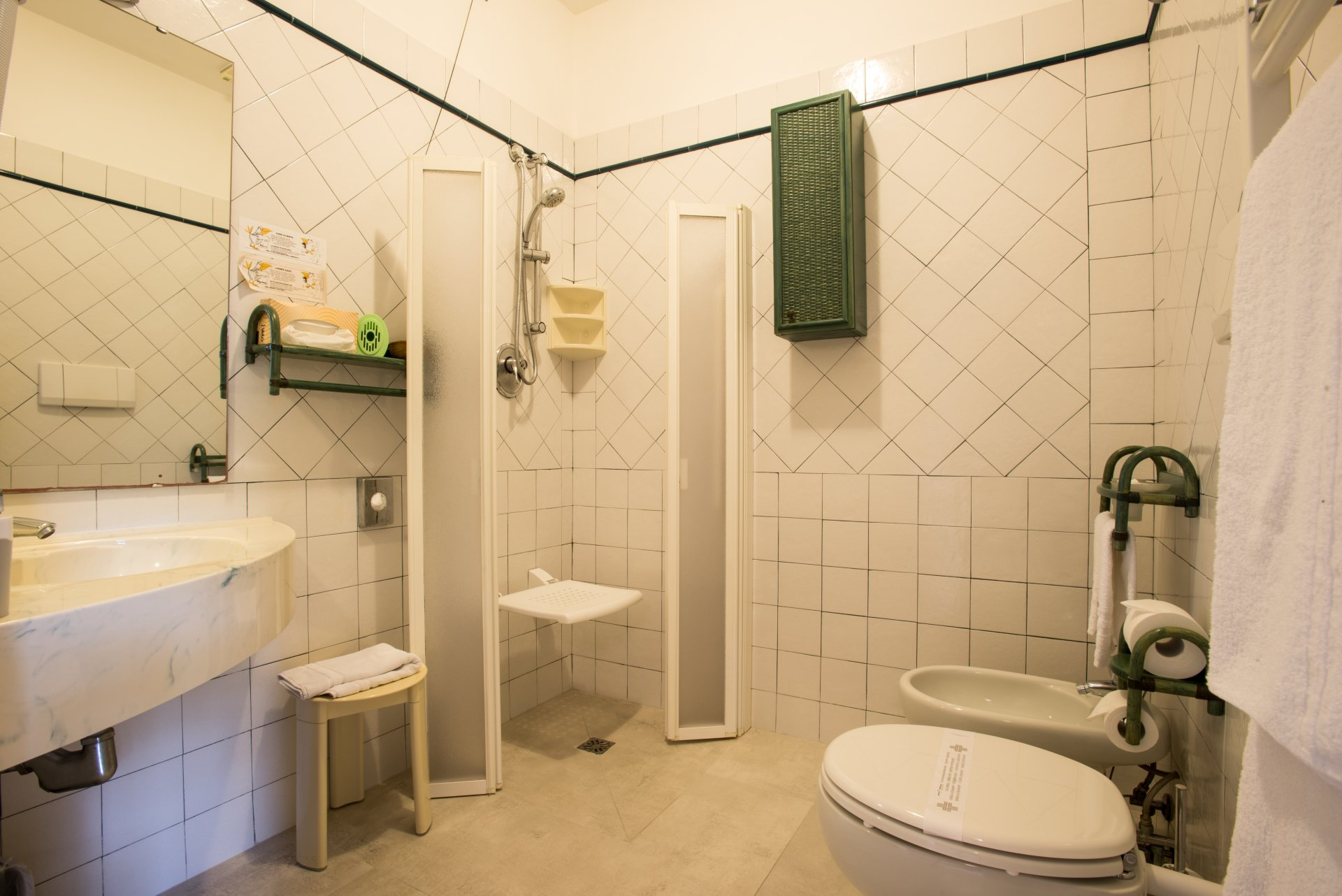 Bagno accessibile con lavabo, sedia per la doccia, maniglioni di sostegno, WC e pareti rivestite con piastrelle beige.